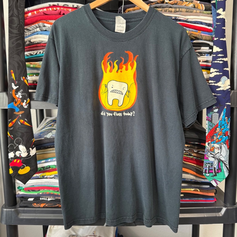 Y2K Black Did You Floss Today Flaming Tooth Graphic T-Shirt Large